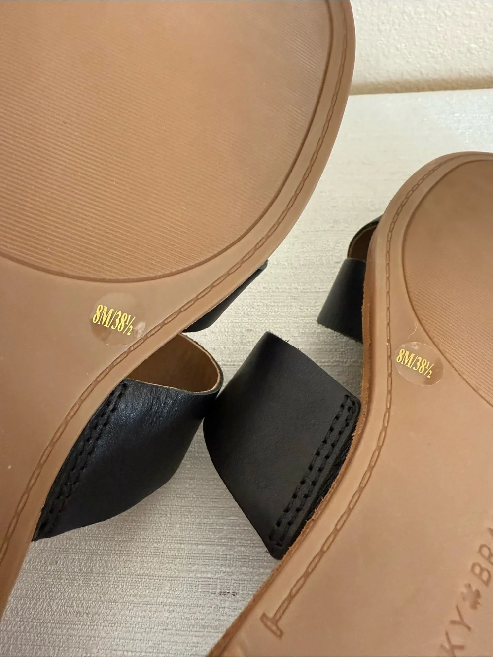New Lucky Brand Black Slide Sandals with Tan Footbed